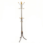 A standalone silver-colored metal clothes hanger stand with gold accents and multiple hooks is centered against a plain