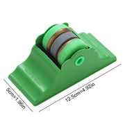 A green compact knife sharpener with two grey rollers, showing dimensions of 5cm and 12.5cm.