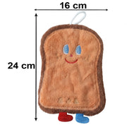 A cartoon bread slice towel with blue eyes and red smile, showing dimensions of 16 cm by 24 cm.