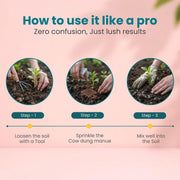 Three circular insets show hands loosening soil, sprinkling cow dung, and mixing it into the soil around a small plant.
