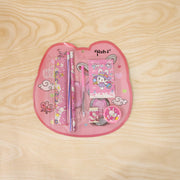 A pink rabbit-themed stationery set in clear plastic packaging, featuring a ruler, two pencils, a notebook, a pen, a