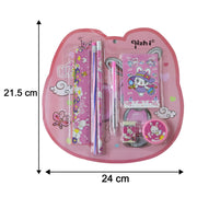 A pink rabbit-themed stationery set in clear packaging with dimensions of 21.5 cm by 24 cm indicated by black arrows.