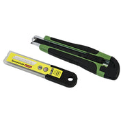 A green and black utility knife with a clear case of spare blades on a white background.