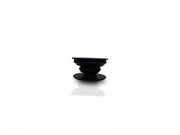 A black phone grip is shown fully expanded, showcasing its ribbed, collapsible design.