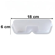 White plastic eyewear holder with dimensions of 18 cm length and 6 cm width indicated.