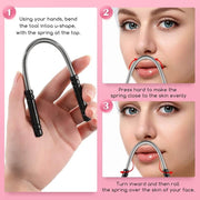 Three panels illustrate how to use the spring hair remover, showing it bent into a U-shape and rolled over the skin.
