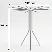 White tripod clothes drying rack with dimensions of 112 cm width and 107 cm height indicated.