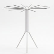 White tripod clothes drying rack with all arms extended, presented against a plain white background.