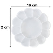 Top-down view of an empty, clear, flower-shaped plastic organizer box with 13 compartments, showing dimensions of 16 cm and