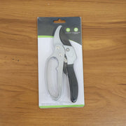 Indo Glow silver and black ergonomic pruning shears displayed next to fresh green foliage, ready for garden tasks.