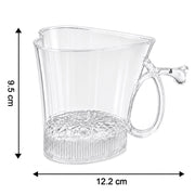 A clear, heart-shaped mug with dimensions indicated: 9.5 cm height and 12.2 cm width, on a white background.