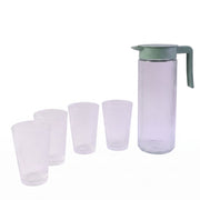 Four clear glass tumblers with ribbed texture and a frosted wavy design are displayed upside down on a dark slate board.