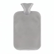 A grey ribbed hot water bottle with a wide neck and textured surface is displayed against a plain white background.