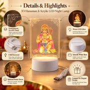 A collage of the Hanuman LED lamp's features, including its transparent panel, warm glow, and USB power.
