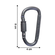 A dark grey D-ring carabiner with a screw lock is shown with measurements of 8 cm length and 4 cm width.