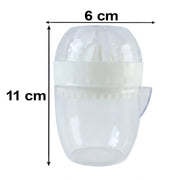 A white and clear plastic manual citrus squeezer with dimensions of 11 cm height and 6 cm width indicated.