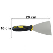 A stainless steel putty knife with a black and yellow handle is shown with dimensions of 20 cm by 10 cm.