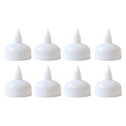 Eight unlit white LED tealight candles, each with a pointed tip, arranged in two rows on a white background.