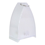 A single unlit transparent arch stripe LED candle with a silver ring on top, showing its ribbed texture on a white