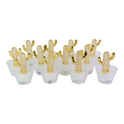 Twelve gold cactus LED tealights with clear textured bases are arranged in rows on a plain white background.