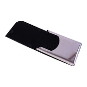 An open black leather and steel business card holder on a white background, showing the interior.