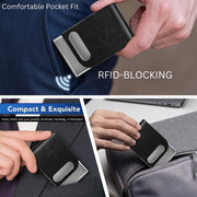 A collage showing the black leather and steel business card holder being placed in a pocket and a bag, highlighting