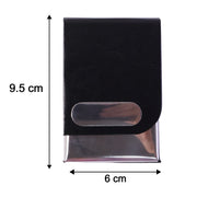 A black leather and steel business card holder on a white background with dimensions of 9.5 cm by 6 cm.
