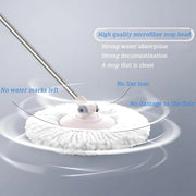 White microfiber mop head attached to a silver handle, with text highlighting its cleaning benefits on a blue background.