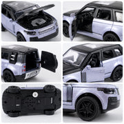 A collage of six close-up views of the silver and black toy SUV, showing open hood, doors, trunk, and undercarriage.