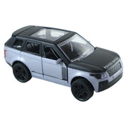 A silver and black die-cast toy SUV with a transparent roof is shown at an angle on a white background.