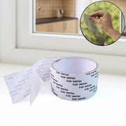 A roll of grey mesh repair tape on a white windowsill, with a circular inset showing a hand applying the tape.