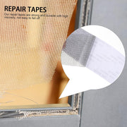 A close-up of a torn beige mesh screen, with a circular inset showing the grey mesh repair tape being applied.