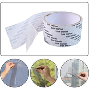 A roll of grey mesh repair tape with a white backing, with three circular insets showing application.