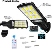 Diagram showing the black solar LED street light with its components, including the PIR motion inductor, on/off switch, and