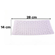 Transparent glass platter with a basketweave design, displaying its 28 cm length and 14 cm width measurements.