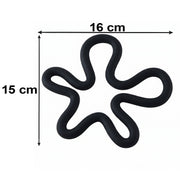 A black silicone flower-shaped hot pot holder on a white background with dimensions 16 cm by 15 cm indicated.