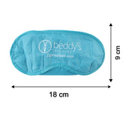 A light blue sleep mask with a white logo is displayed with arrows indicating its dimensions of 18 cm by 9 cm.