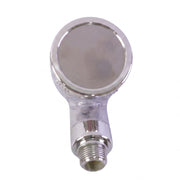 Close-up view of the silver and clear plastic handheld shower spray head, showing its textured surface and threaded base.