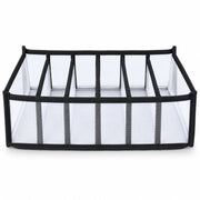 A white mesh and black fabric 6-section drawer organizer is shown on a white background.