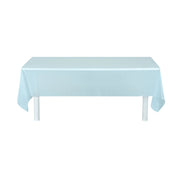 A light blue plastic table cover draped over a rectangular white table on a plain white background.