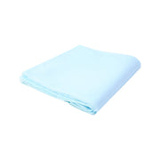 A light blue plastic table cover is neatly folded into a rectangular shape on a white background.