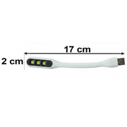 A white flexible USB LED light with three yellow LED bulbs and a USB-A connector, showing dimensions of 17 cm by 2 cm.