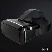 A black VR headset with a silver stripe and white adjustment knob is shown against a dark background.