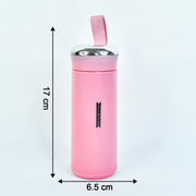 A pink vacuum flask with a silver lid and strap is shown with dimensions of 17 cm height and 6.5 cm width.