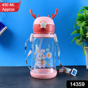 A pink and clear water bottle with a bunny design, deer antlers, and a colorful strap, against a blue background.
