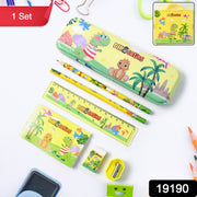 A yellow dinosaur-themed stationery set, including a pencil case, two pencils, a ruler, a notebook, an eraser, and a – view 2