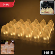 Twenty-four transparent arch stripe LED candles glowing on a dark surface, with a product box and three unlit candles in the