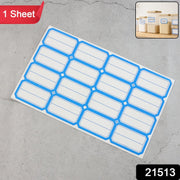 A single sheet of blue-bordered rectangular label stickers with blank white centers is displayed on a gray surface.