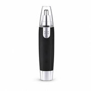 A black and silver nose hair trimmer with a clear cap stands upright on a white background.