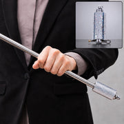A person in a black suit holds a silver collapsible cane, with an inset showing the cane in its compact form.